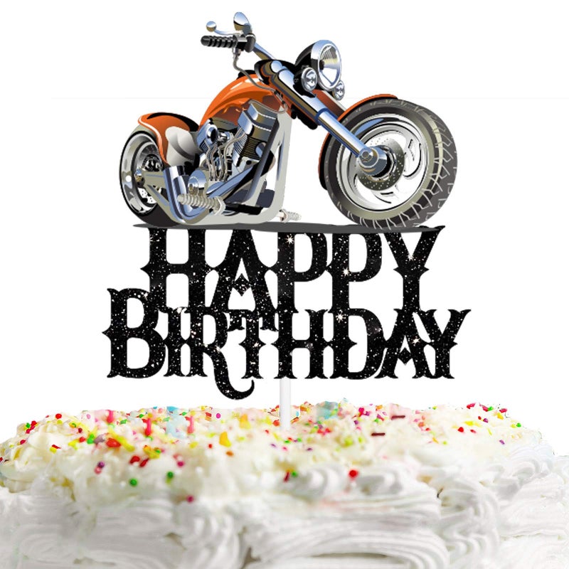 HEYUWING N/A Happy Birthday Cake Topper Motorbike Theme Kids Party Decor Picks for Motorcycle Rider Racing Decorations Supplies Black - Image 3