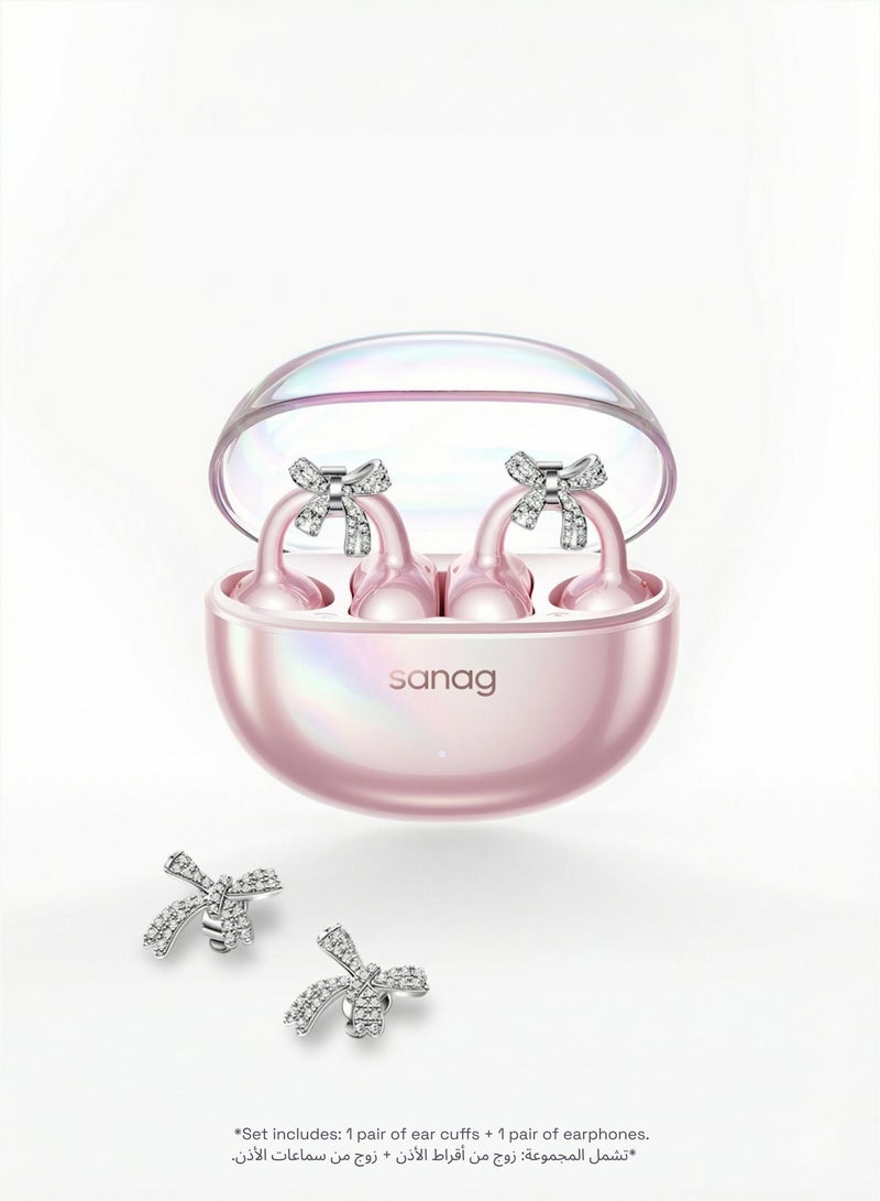 ساناج سماعات SANAG S6S Nova اللاسلكية + طقم قرط Romantic Ribbon، سماعات مشبك الأذن المفتوح بتصميم مجوهرات قابل للتبديل، بلوتوث 5.4، بطارية 59 ساعة، مقاومة للماء IP67، درايفر تيتانيوم 10 - Image 2