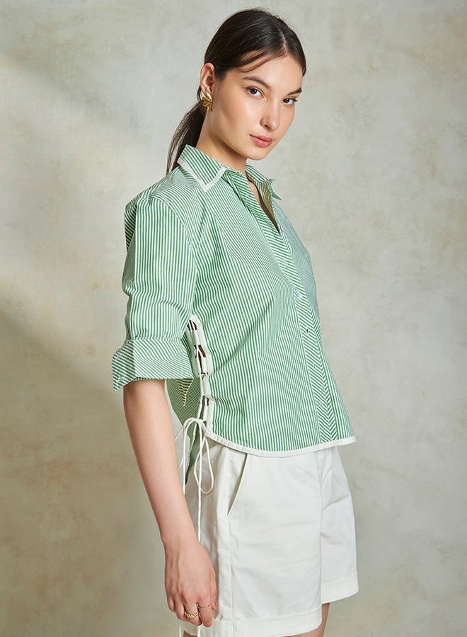 Virgio Solid Cotton Stripe Shirt With Side Tie-Up for Women - Image 3