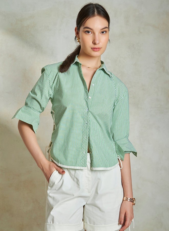 Virgio Solid Cotton Stripe Shirt With Side Tie-Up for Women - Image 2