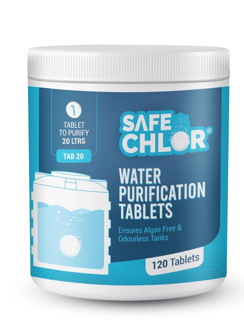 Safe Chlor Tab 20 | Chlorine Tablets for Watercan of 20 Ltrs, | Kills Germs, Prevents Algae | Water Purification Tablets | 1 tablet to treat 20 liters | Pack of 120 Tablets for 2400 Ltrs - Image 1