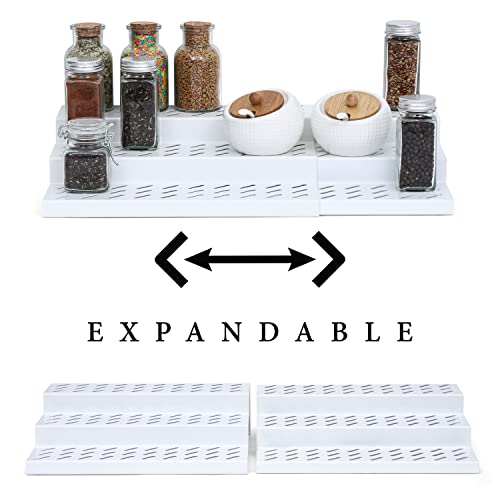 Livzing 3 Tier Expandable Spice Rack – Metal Countertop Display Shelf - Kitchen Cabinet Organizer Stand – 3 Steps Stand for Kitchen - Set of 2 - White - Expands 12.2 to 21.6” - Image 3