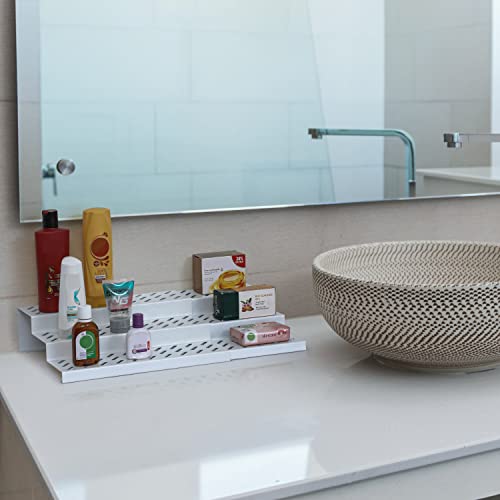 Livzing 3 Tier Expandable Spice Rack – Metal Countertop Display Shelf - Kitchen Cabinet Organizer Stand – 3 Steps Stand for Kitchen - Set of 2 - White - Expands 12.2 to 21.6” - Image 4