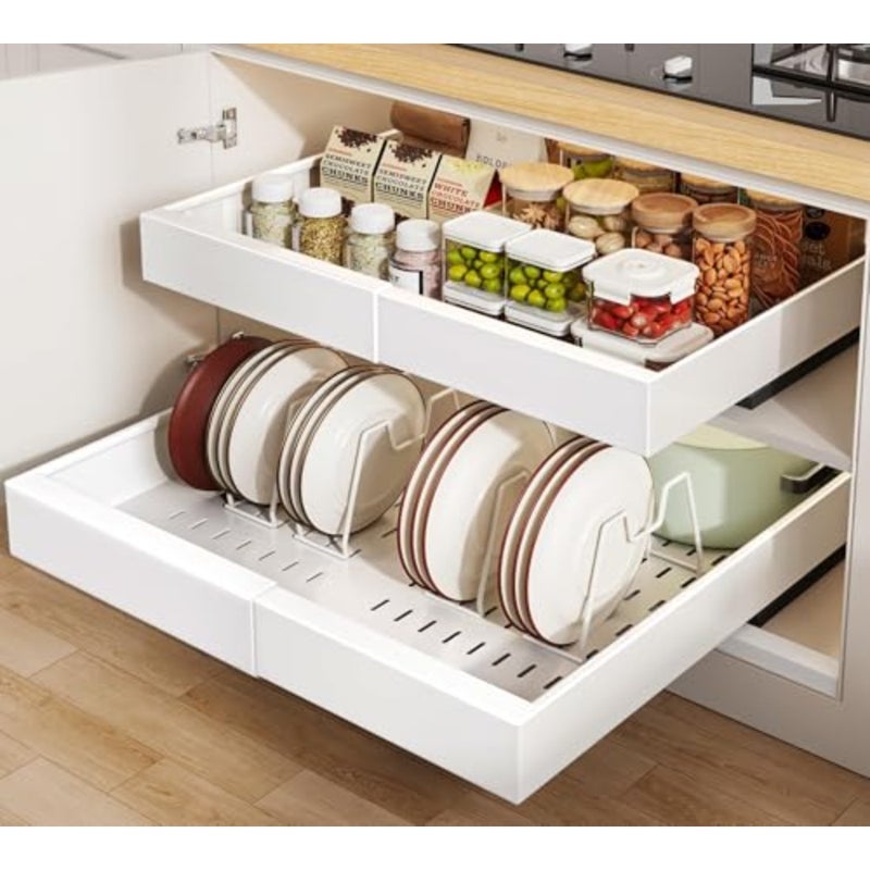2 Pack Pull out Cabinet Organizer 16.5" Deep With Raising Pad for Framed Cabinets, Expandable Slide out Drawers for Kitchen Cabinets with 4pcs Divider Racks, Roll out Shelves 12.1"-20.4" W - Image 1