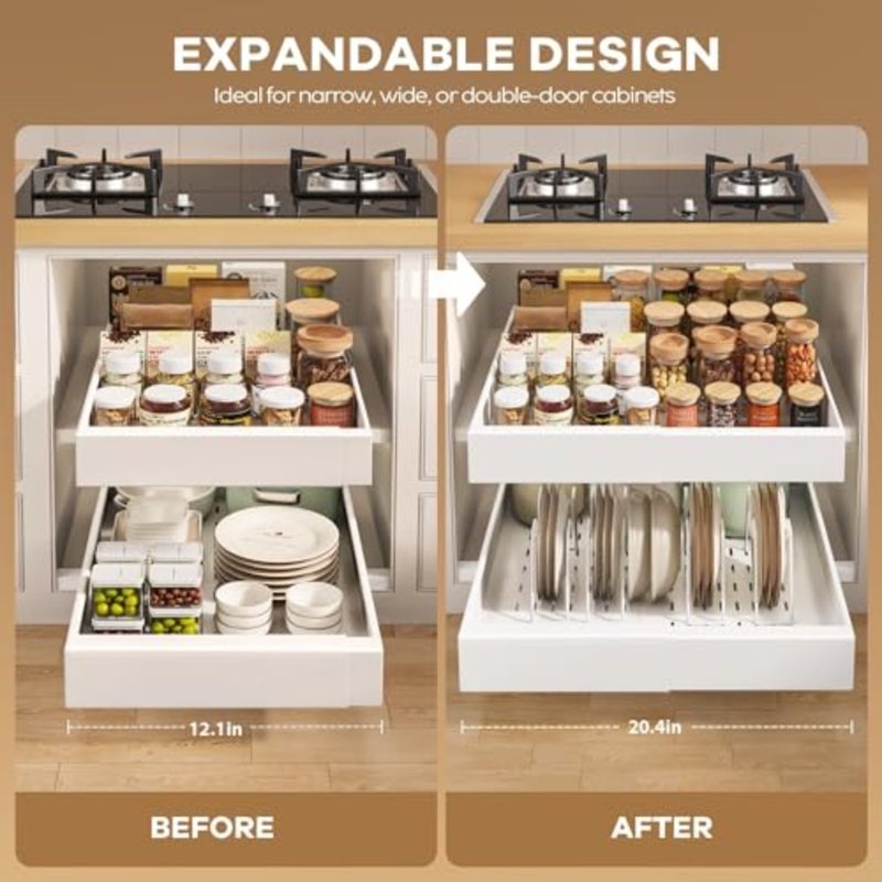 2 Pack Pull out Cabinet Organizer 16.5" Deep With Raising Pad for Framed Cabinets, Expandable Slide out Drawers for Kitchen Cabinets with 4pcs Divider Racks, Roll out Shelves 12.1"-20.4" W - Image 3