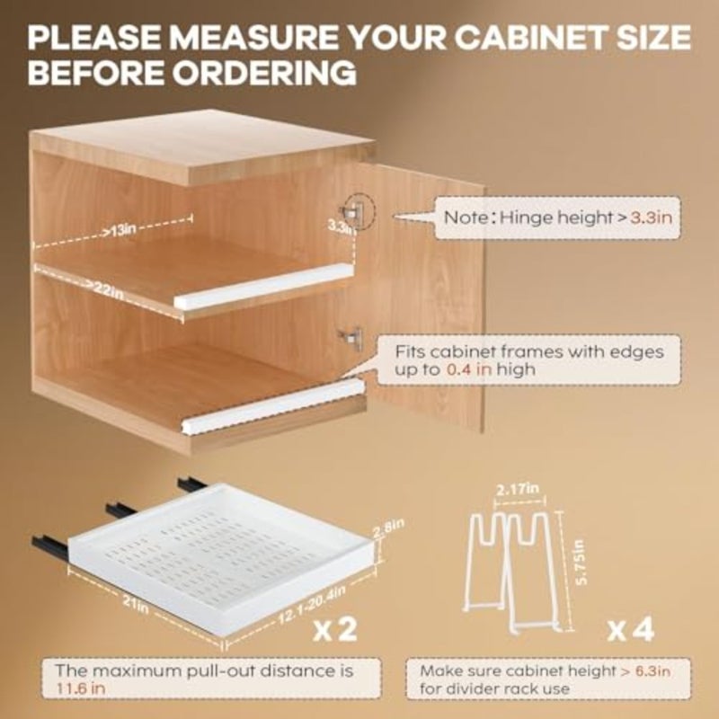 2 Pack Pull out Cabinet Organizer 16.5" Deep With Raising Pad for Framed Cabinets, Expandable Slide out Drawers for Kitchen Cabinets with 4pcs Divider Racks, Roll out Shelves 12.1"-20.4" W - Image 4