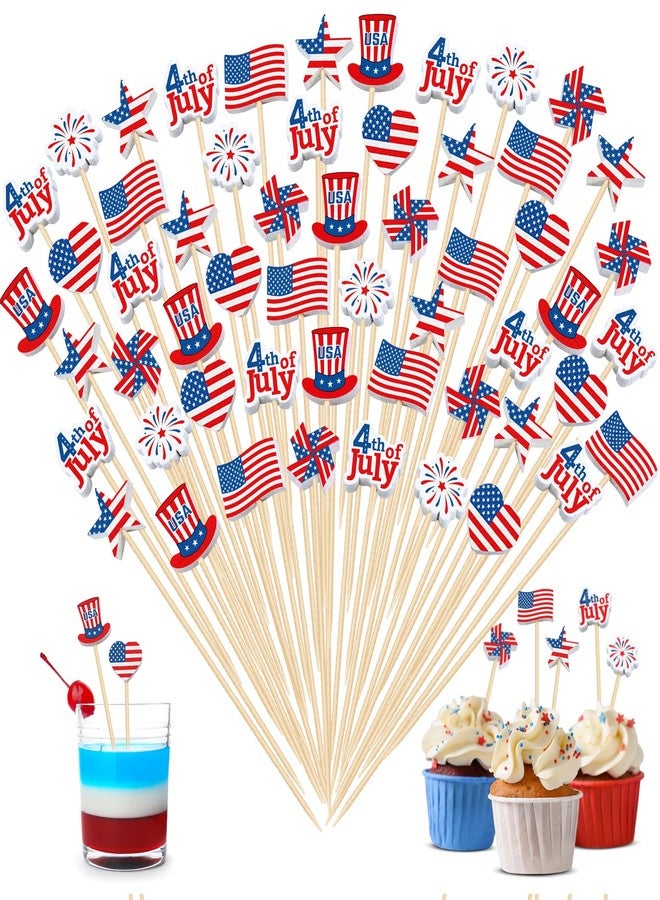 Aodaer 200 Pieces 4th of July Mini American Patriotic Cocktail Picks Independece Day Toothpicks Cocktail Sticks Wooden Cupcake Toppers for Food Fruit Sandwich Appetizer Drinks Party Decoration - Image 1