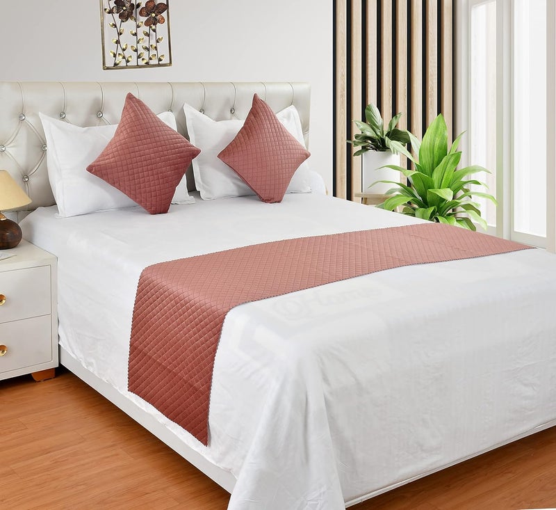 Kingly Soft Velvet Quilted Bed Runner Set Peach Rose King Size Bedding Combo 3 Piece Set with 2 Cushion Covers 16x96 inches - Image 2