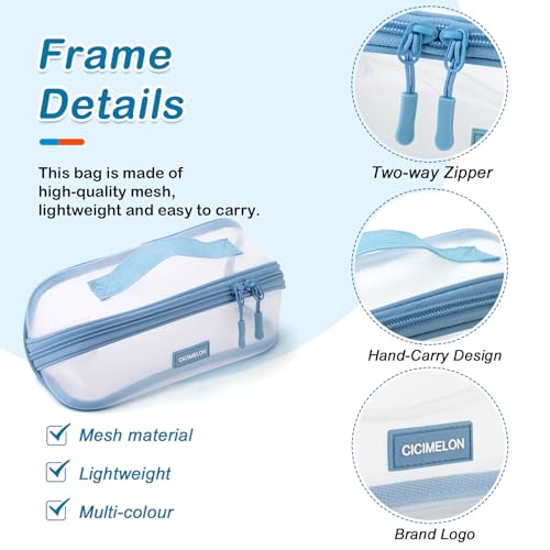 CICIMELON Transparent Mesh Pencil Pouch with Handle Big Case Clear Pen Bag College Essentials School Supplies, Light Blue - Image 4