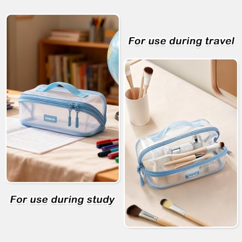 CICIMELON Transparent Mesh Pencil Pouch with Handle Big Case Clear Pen Bag College Essentials School Supplies, Light Blue - Image 3