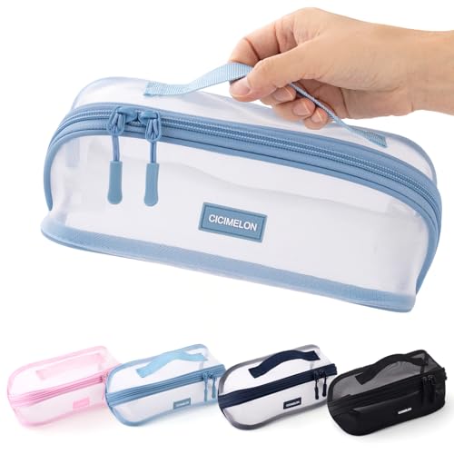 CICIMELON Transparent Mesh Pencil Pouch with Handle Big Case Clear Pen Bag College Essentials School Supplies, Light Blue - Image 1