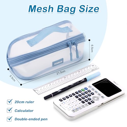 CICIMELON Transparent Mesh Pencil Pouch with Handle Big Case Clear Pen Bag College Essentials School Supplies, Light Blue - Image 5