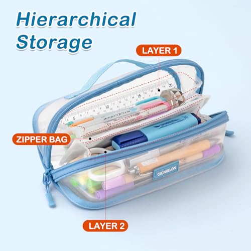 CICIMELON Transparent Mesh Pencil Pouch with Handle Big Case Clear Pen Bag College Essentials School Supplies, Light Blue - Image 2