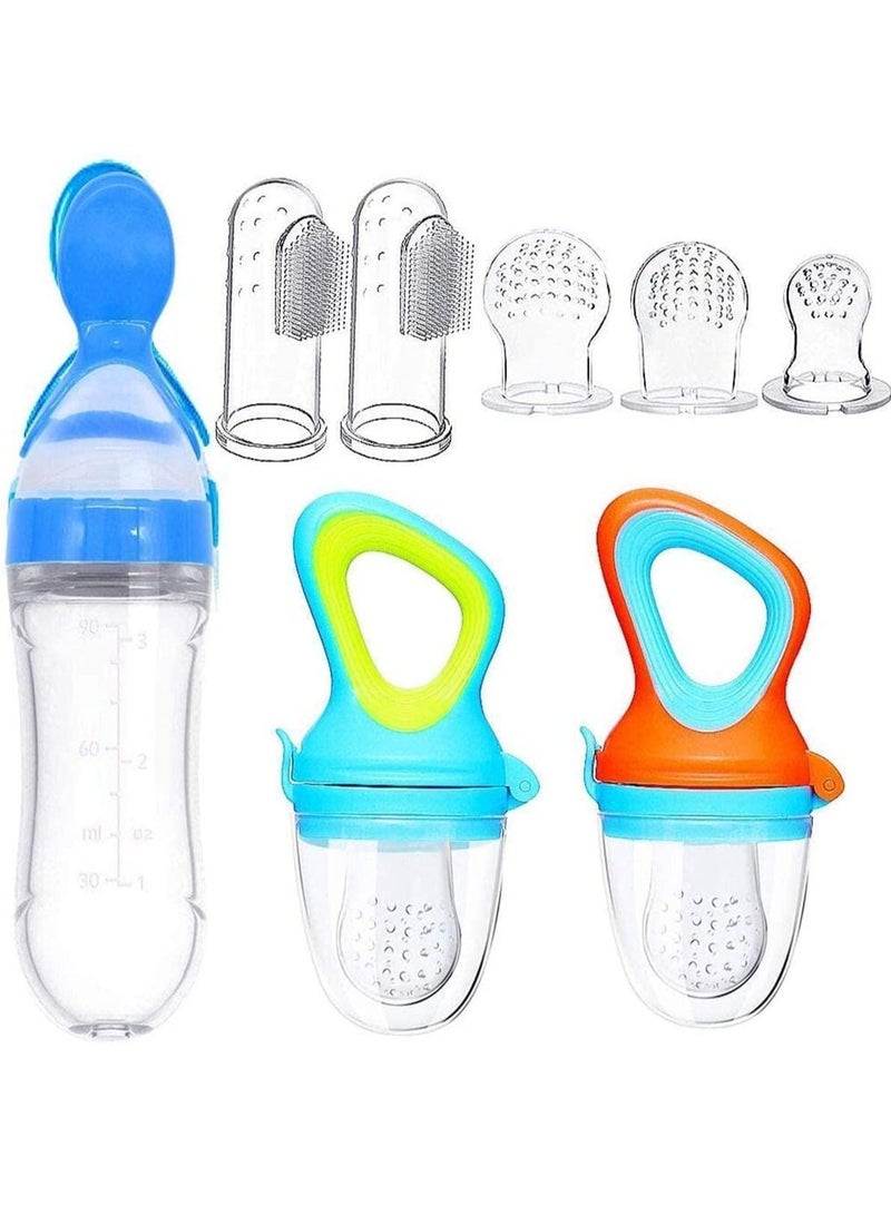 Y&D Baby Food Feeder Fresh Pacifier 3 Different Sized Silicone Teething Pacifiers 1 Pack Dispensing Spoon 2 Finger Toothbrush Feeders Silicone(Blue) - Image 1