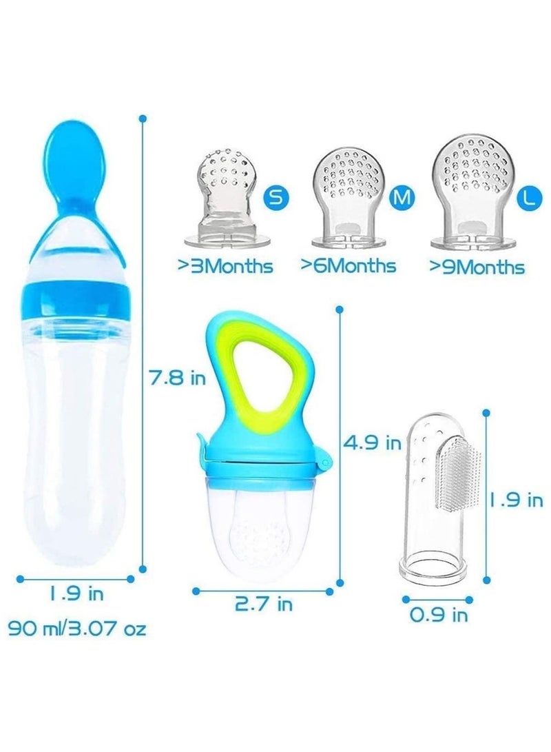 Y&D Baby Food Feeder Fresh Pacifier 3 Different Sized Silicone Teething Pacifiers 1 Pack Dispensing Spoon 2 Finger Toothbrush Feeders Silicone(Blue) - Image 2