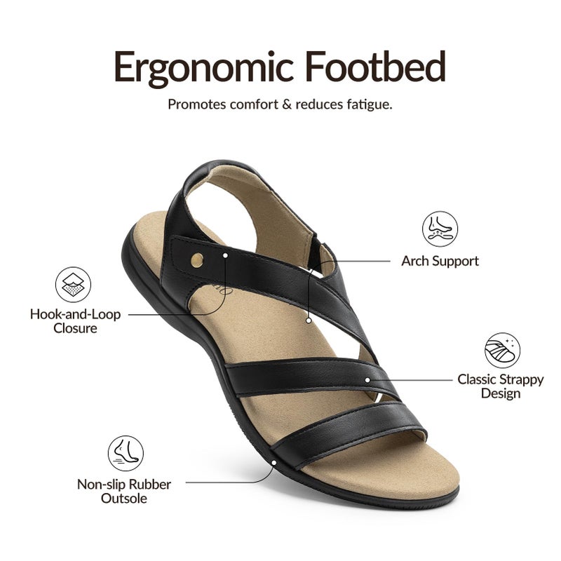 Rihero Black Orthopedic Sandals for Women Summer Arch Support Comfortable Casual Walking Orthotic Flat Sandals Black Size 9 - Image 4