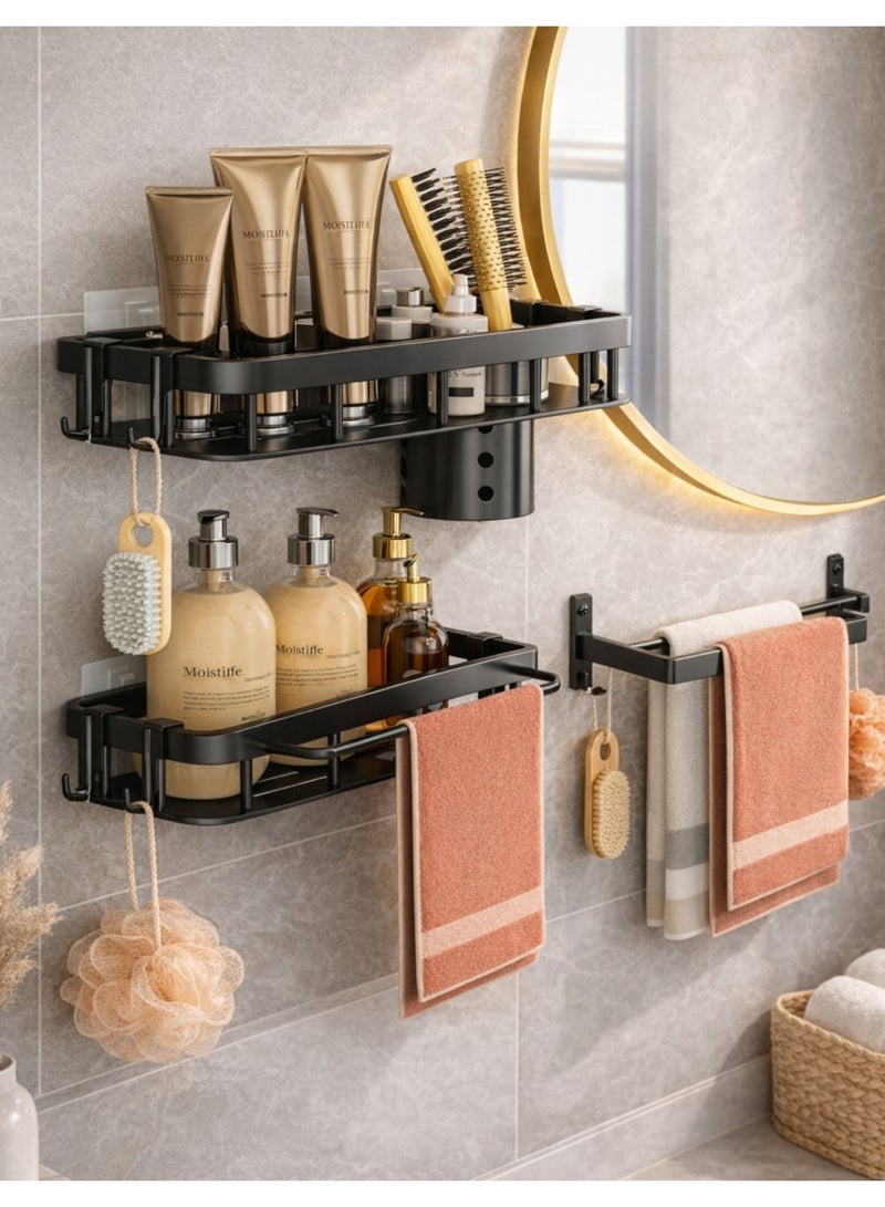 F.A.M.S Wall Mounted Bathroom Organizer Shelf with Towel Holder & Hooks – Multi-Functional Storage Rack, No Drill Adhesive Shower Shelf, Rustproof Carbon Steel Bathroom Rack - Image 1