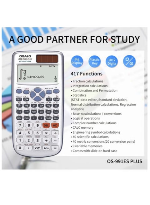 Scientific Calculator OS 991ES Plus 417 Function 10+2 Digits Written Display Solar and Battery Calculator Protective Case for School Black  Multocolour