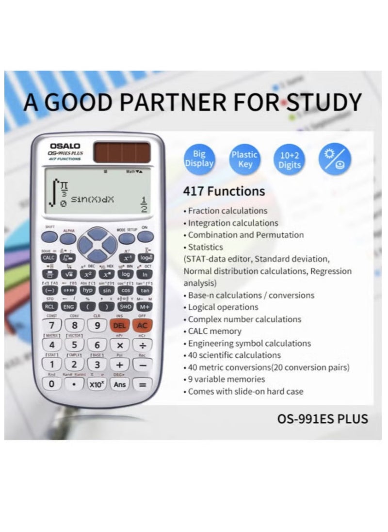 OSALO Scientific Calculator OS 991ES Plus 417 Function 10+2 Digits Written Display Solar and Battery Calculator Protective Case for School Black  Multocolour  - Image 1