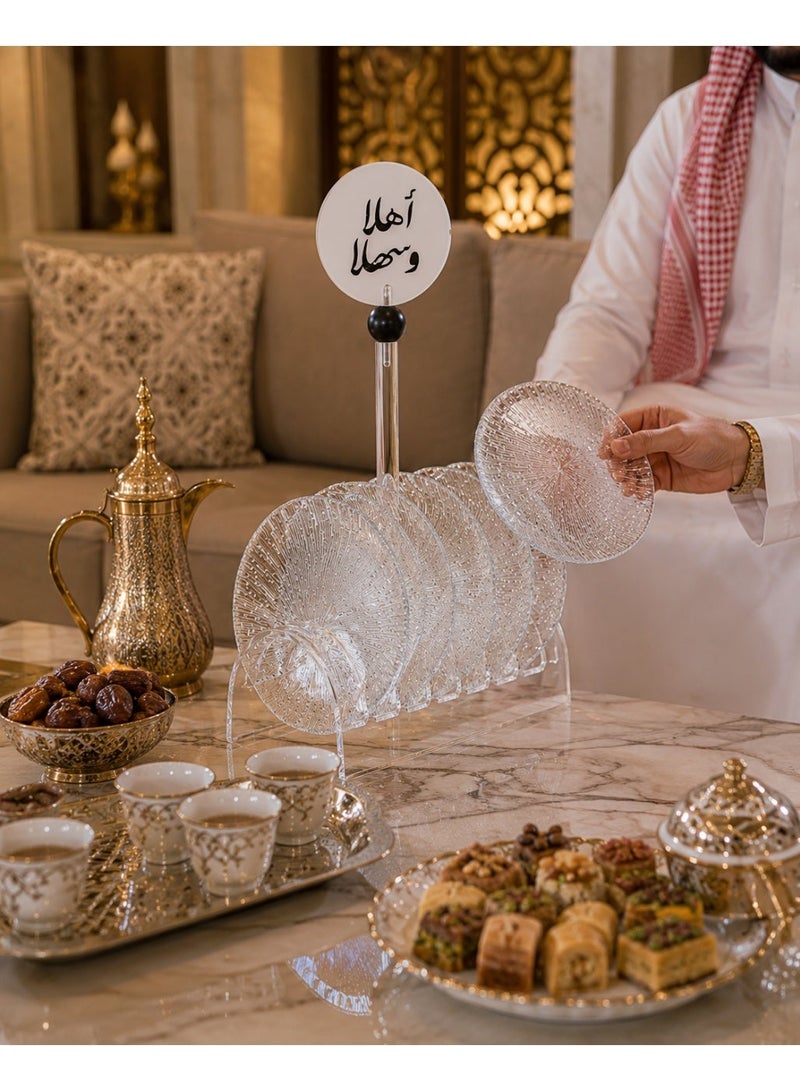 Dania A set of 6 clear glass dessert plates with a luxurious acrylic stand, featuring an elegant "Bon Appétit" design | Perfect for elegant hospitality and serving 🍰🤍 - Image 1