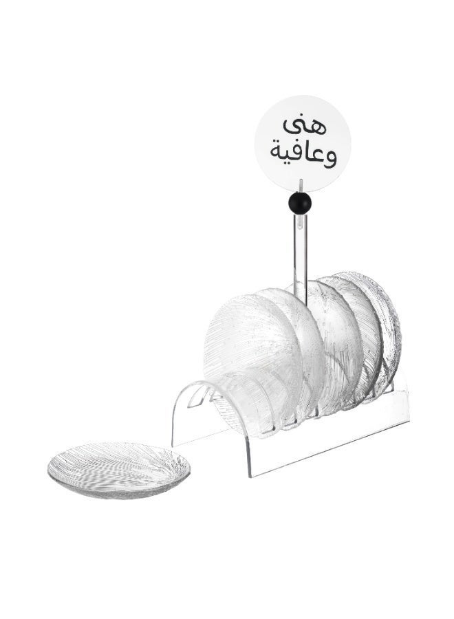 Dania A set of 6 clear glass dessert plates with a luxurious acrylic stand, featuring an elegant "Bon Appétit" design | Perfect for elegant hospitality and serving 🍰🤍 - Image 3