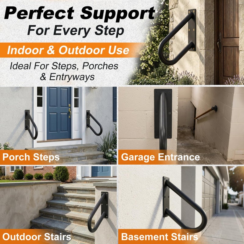 WIPHANY Handrails for Outdoor Step U Shaped Pipe Grab Hand Rails for 1-3 Steps Indoor or Outdoor Stair Wall-Mount Hand Railing for Garage Porch Patio Garden Entrance - Image 4