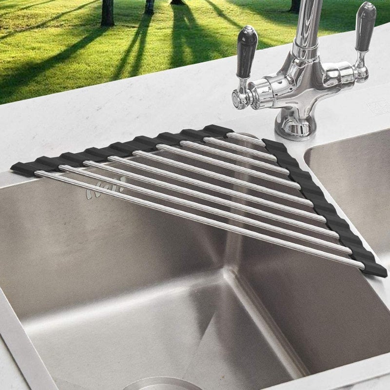 HARI® SUS304 Stainless Still Dish Drying Rack Over Sink Corner Dish Rack Kitchen Gadget Tool Sink Caddy Corner Sink Drainer (Black) - Image 1