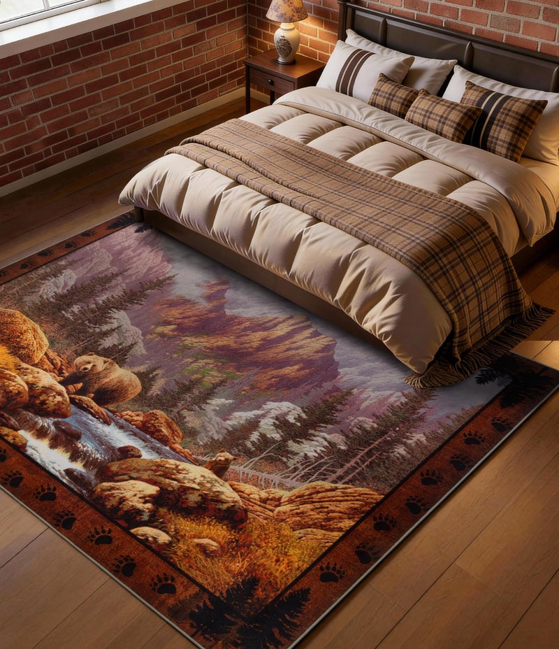 YIHOUSE Rustic Cabin Area Rug for Bedroom 8x10,Machine Washable Woodland Bear Rug,Non-Slip Low Pile Print Pattern Wildlife Rug for Living Room - Image 3