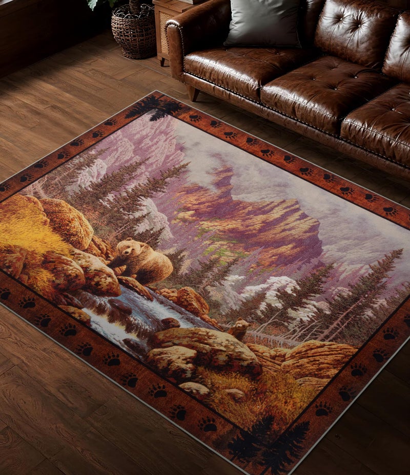 YIHOUSE Rustic Cabin Area Rug for Bedroom 8x10,Machine Washable Woodland Bear Rug,Non-Slip Low Pile Print Pattern Wildlife Rug for Living Room - Image 1