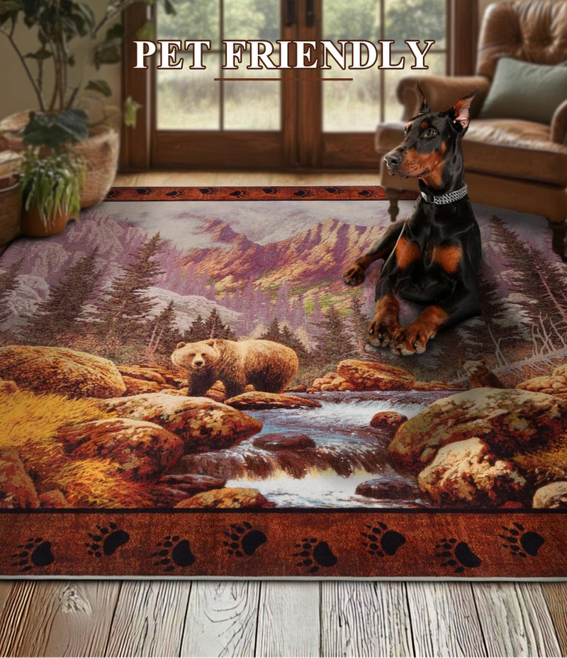 YIHOUSE Rustic Cabin Area Rug for Bedroom 8x10,Machine Washable Woodland Bear Rug,Non-Slip Low Pile Print Pattern Wildlife Rug for Living Room - Image 5