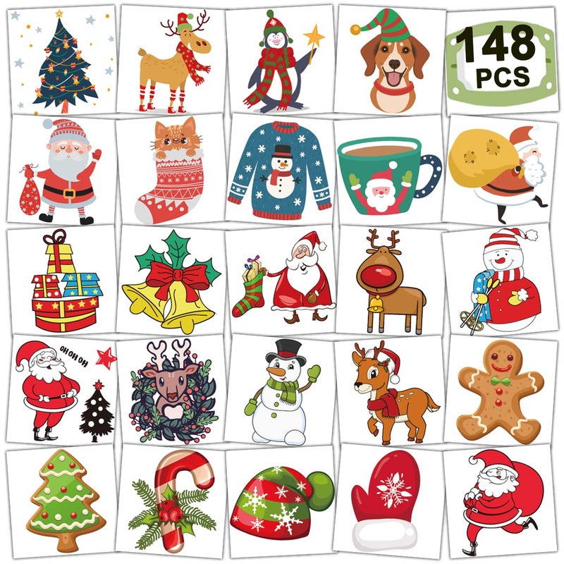 CHARLENT 148 PCS Christmas Temporary Tattoos for Kids  Xmas Individual Tattoos for Kids Christmas Party Favors Stocking Stuffer Christmas Eve Gift