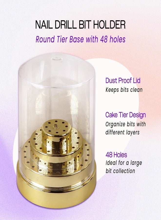 PANA Round Cake Tier Nail Drill Bit Holder Display Organizer Case - Dustproof Carbide Bit Storage Container Box For Manicure Tools Nail Salon - 48 Holes Gold (Drill Bits Not Included) - Image 2
