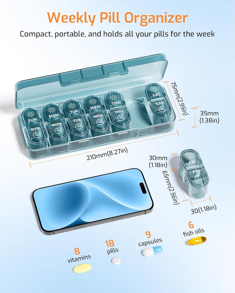 Daviky Pill Organiser, Pill Organiser 2 Times a Day, Weekly Pill Box 7 Day (AM & PM), Premium Tablet Organiser, 7-Day Medicine Organiser for Travel, Vitamins, Fish Oils & Supplements - Image 2