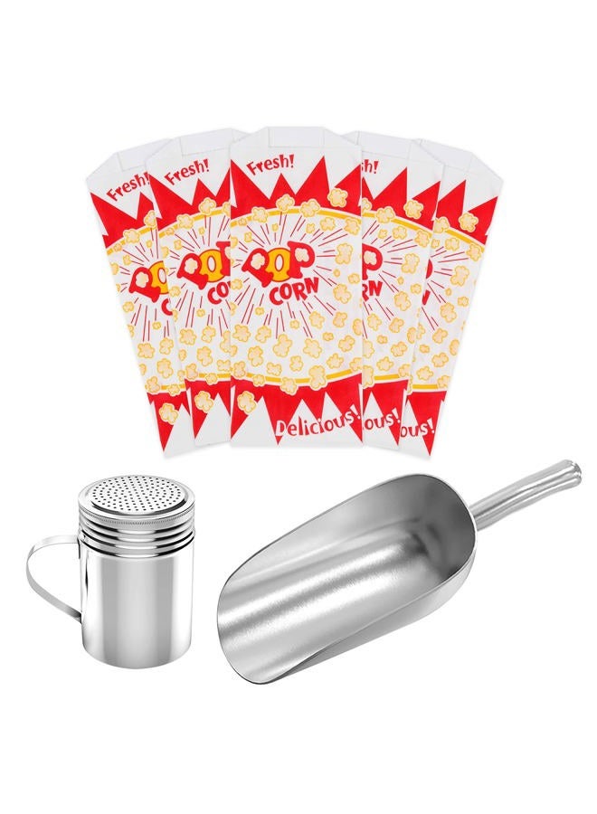 VEEBOOST Popcorn Machine Supplies Set, 100 Popcorn Bags (1 oz. Paragon 1029), 1-12 oz. Popcorn Scoop, 1-10 oz. Popcorn Season Salt Shaker - Image 1