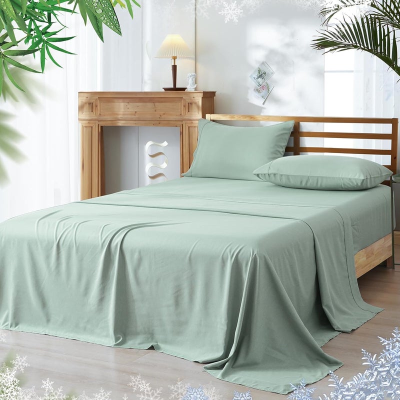 PHF 3 Piece 60% Rayon Derived from Bamboo 40% Polyester Cooling Twin Size Bedding Sheet Set, Luxury Silky Soft Breathable for Hot Sleeper, Includes 1 Fitted Sheet (100 cm x 190 cm) with 40 cm deep pocket,1 Flat Sheet (165 cm x 255 cm) and 1 Standard Pillowcase (50cm x 75cm), Sage Green - Image 1