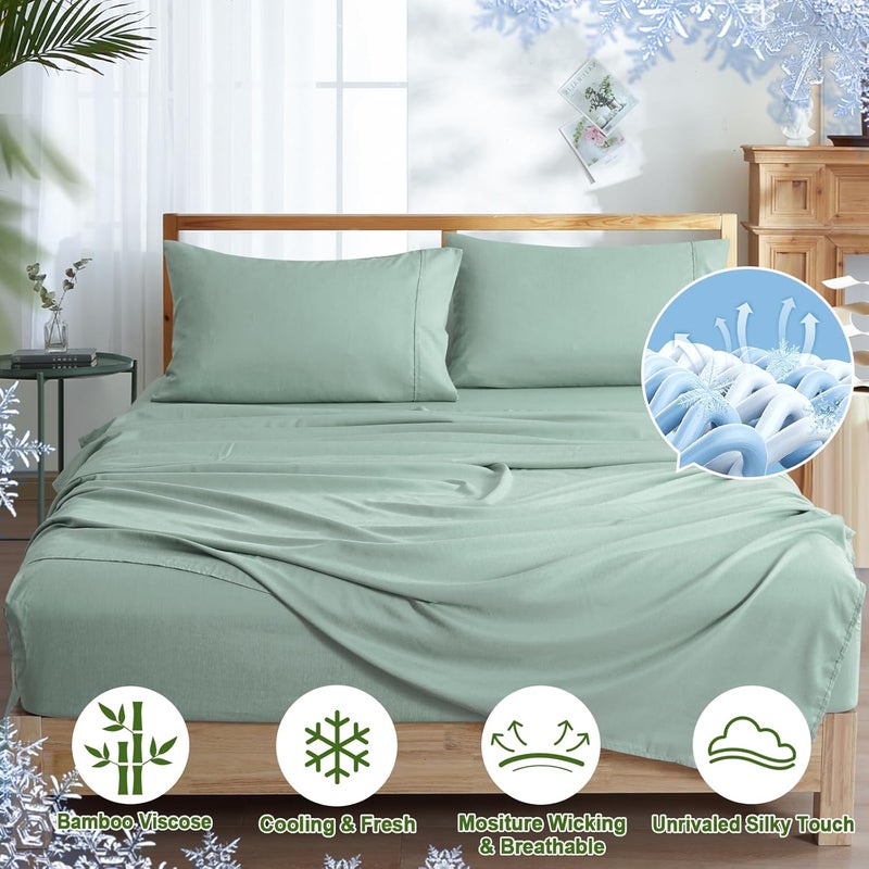 PHF 3 Piece 60% Rayon Derived from Bamboo 40% Polyester Cooling Twin Size Bedding Sheet Set, Luxury Silky Soft Breathable for Hot Sleeper, Includes 1 Fitted Sheet (100 cm x 190 cm) with 40 cm deep pocket,1 Flat Sheet (165 cm x 255 cm) and 1 Standard Pillowcase (50cm x 75cm), Sage Green - Image 3