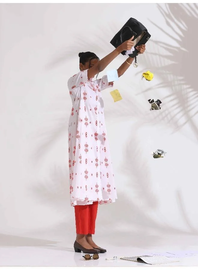 trueBrowns trueBrowns White Cotton Print Flared Kurta Set