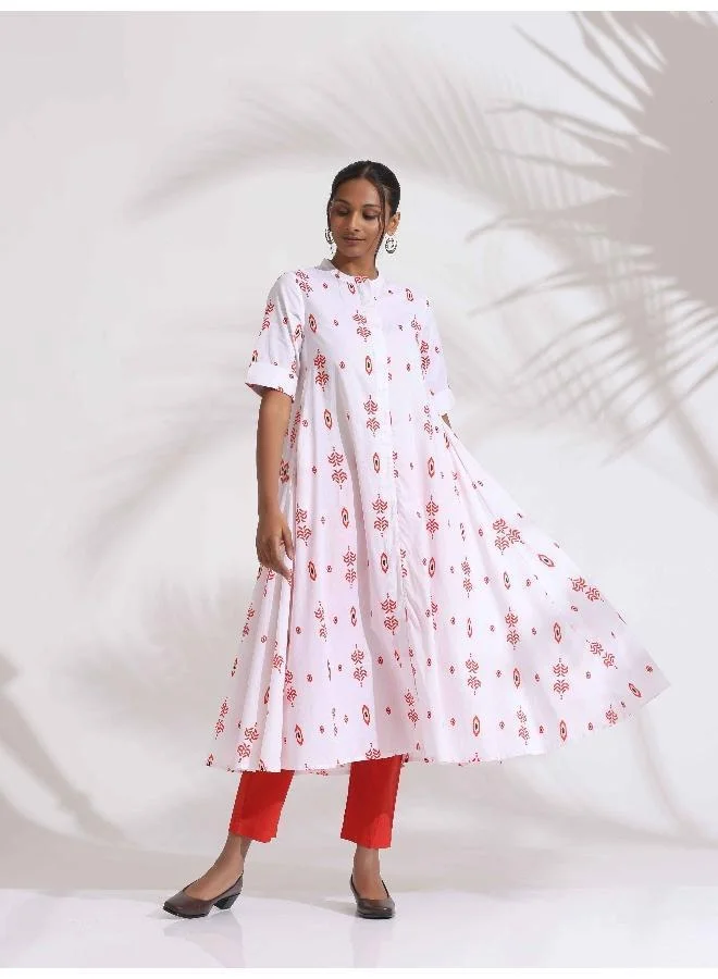 trueBrowns trueBrowns White Cotton Print Flared Kurta Set