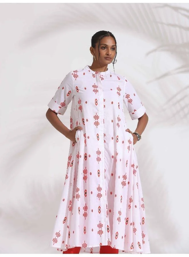 trueBrowns trueBrowns White Cotton Print Flared Kurta Set