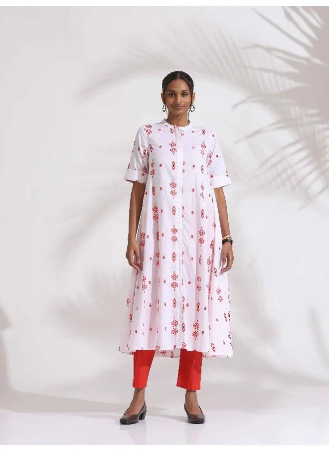 ترو برونز trueBrowns White Cotton Print Flared Kurta Set