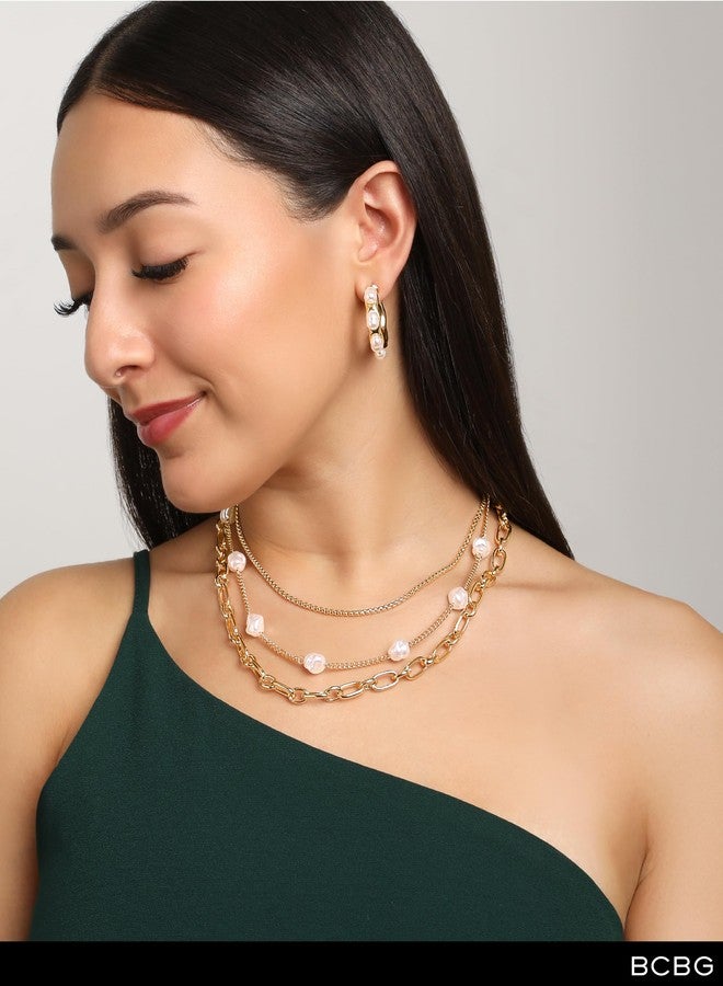 BCBG Layered Pearl Necklace for Women 15", 16", 20"+3", Gold-Tone Multi Strand Necklace with Pearls - Image 2