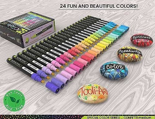 TOOLI-ART 24 Confetti Colors Acrylic Paint Pens Markers Set 3mm Medium Tip Rock Painting Glass Mugs Wood Metal Canvas Pottery Plastic DIY Projects Illustration Non Toxic Waterbased Quick Drying - Image 3