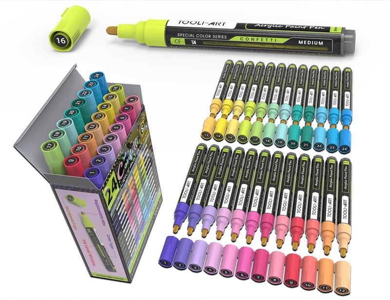 TOOLI-ART 24 Confetti Colors Acrylic Paint Pens Markers Set 3mm Medium Tip Rock Painting Glass Mugs Wood Metal Canvas Pottery Plastic DIY Projects Illustration Non Toxic Waterbased Quick Drying - Image 2