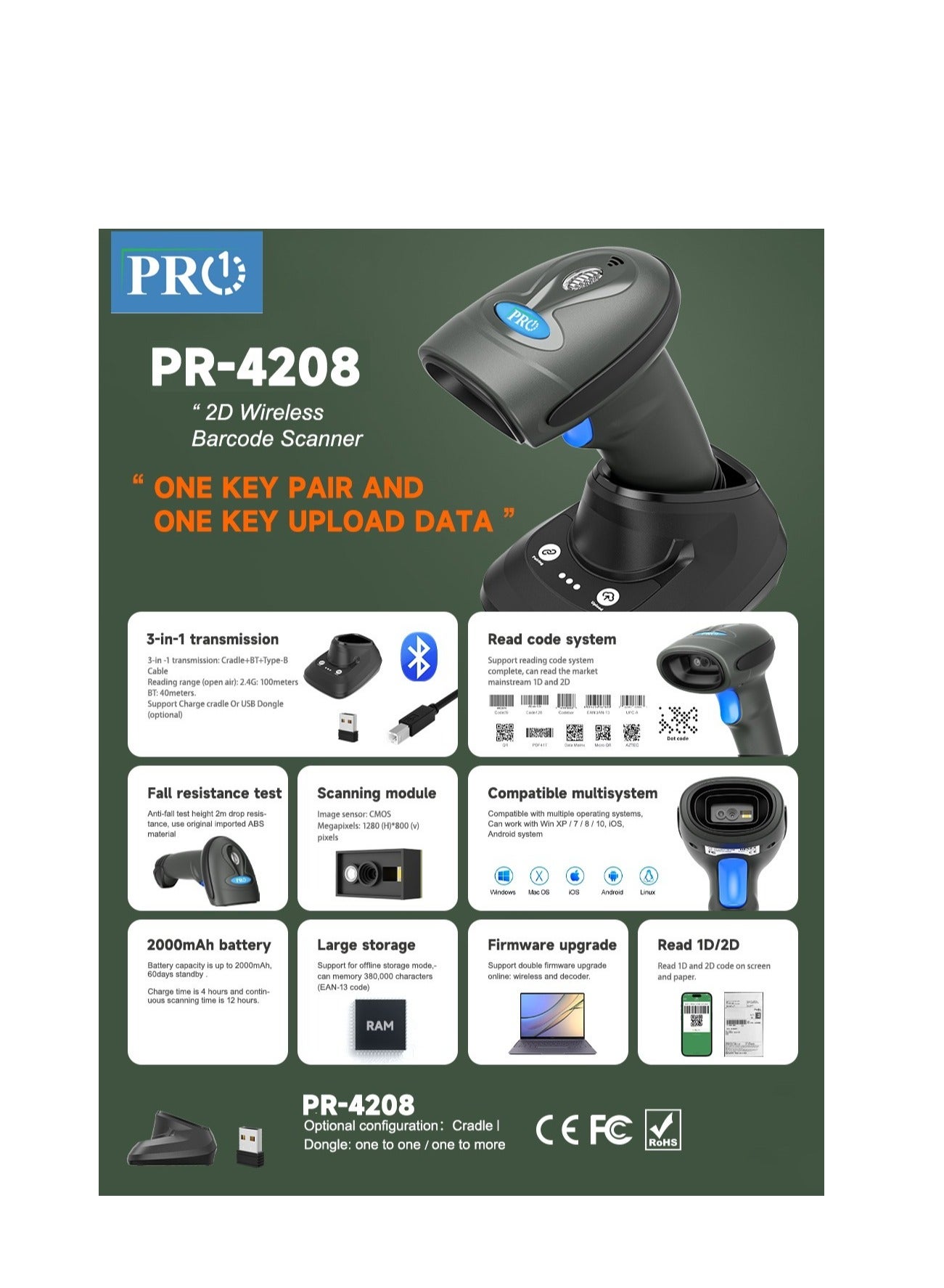 Handheld Barcode Scanner 1D/2D/QR Code Scanner 2.4G Wireless & USB Wired Bar Code Reader Scanner, with CRADDLE Compatible with Computer system, Scanner for Supermarket Retail Library Logistics Warehouse