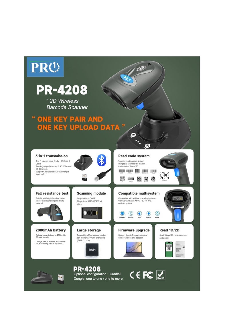 PRO - Handheld Barcode Scanner 1D/2D/QR Code Scanner 2.4G Wireless & USB Wired Bar Code Reader Scanner, with CRADDLE  Compatible with Computer system, Scanner for Supermarket Retail Library Logistics Warehouse - Image 1