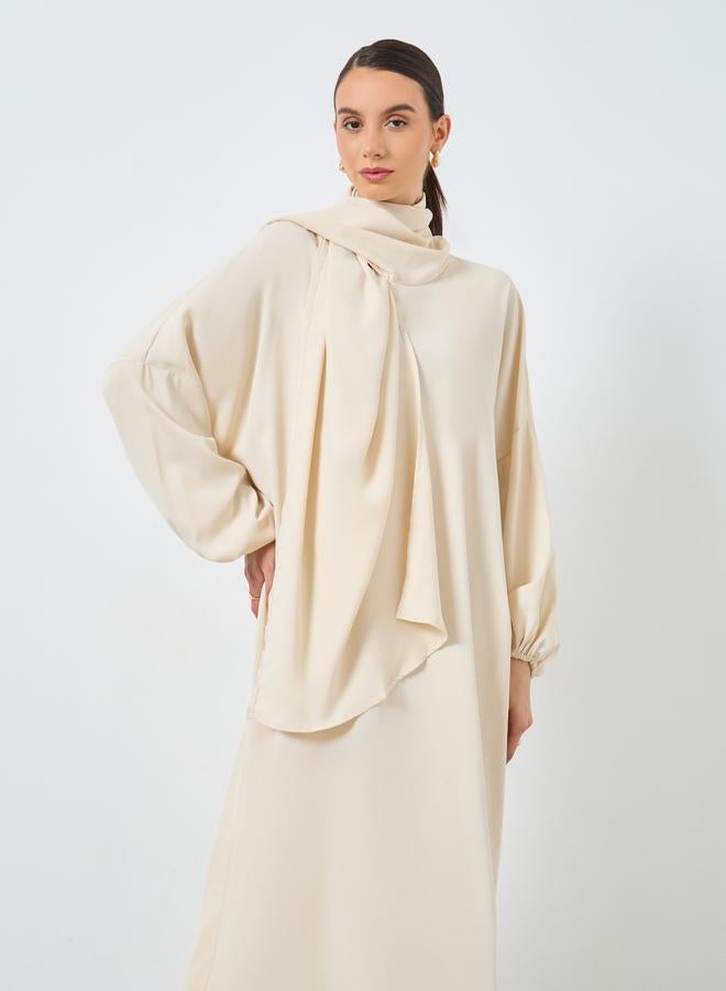 Take Two Beige Volume Sleeves Abaya with Matching Scarf - Image 3