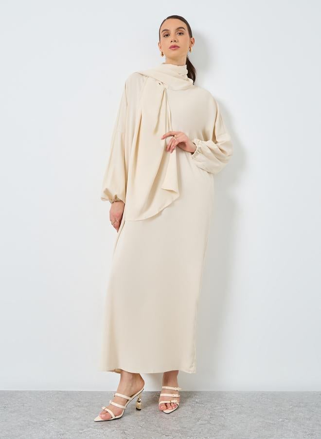 Take Two Beige Volume Sleeves Abaya with Matching Scarf - Image 2