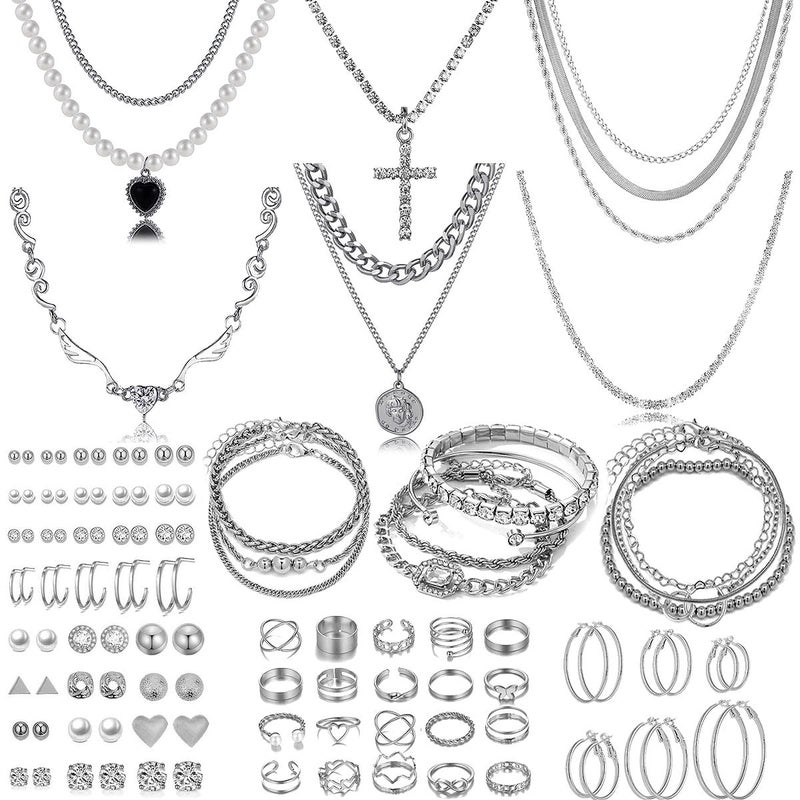 CONGYING 116 Pcs Silver Jewelry Set with 7Pcs Layered Necklace, 11 Pcs Bracelet and 22pcs Hoop Earrings ,22pcs Knuckle Rings,54pcs stud earrings Jewerly set For Women Valentine Anniversary Friendship Gift - Image 1