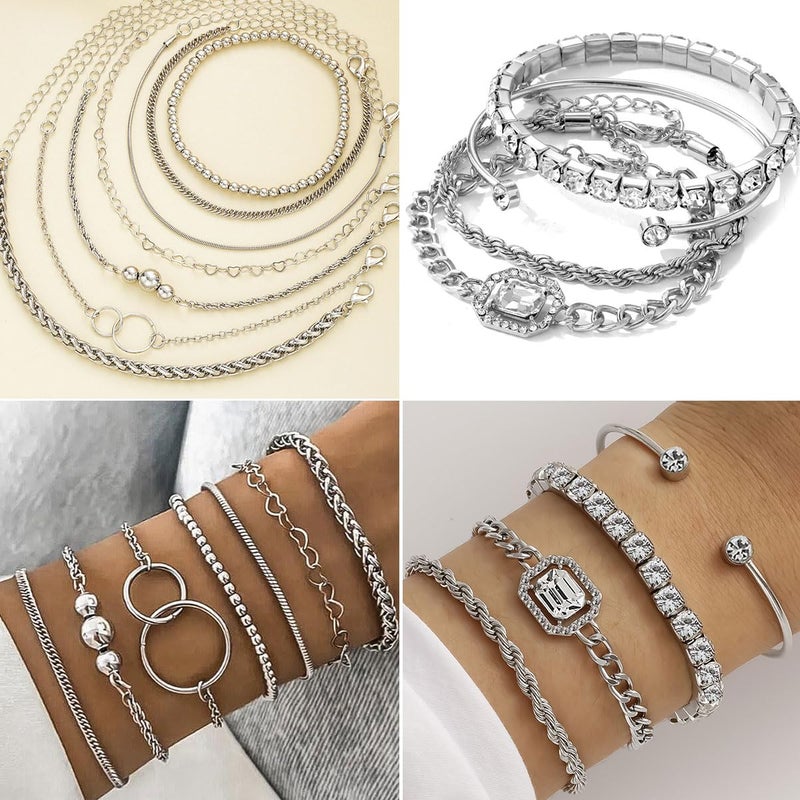 CONGYING 116 Pcs Silver Jewelry Set with 7Pcs Layered Necklace, 11 Pcs Bracelet and 22pcs Hoop Earrings ,22pcs Knuckle Rings,54pcs stud earrings Jewerly set For Women Valentine Anniversary Friendship Gift - Image 4