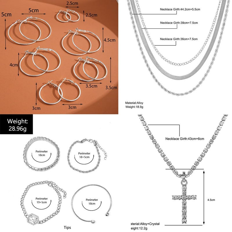 CONGYING 116 Pcs Silver Jewelry Set with 7Pcs Layered Necklace, 11 Pcs Bracelet and 22pcs Hoop Earrings ,22pcs Knuckle Rings,54pcs stud earrings Jewerly set For Women Valentine Anniversary Friendship Gift - Image 2